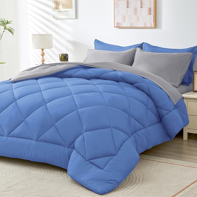 HEVUMYI Royal Blue & Light Grey Cali-King Comforter Set - 7-Piece All Season Bed in a Bag Cali-King, Ultra Soft Bedding Set with Comforter, Flat Sheet, Fitted Sheet, Pillowcases, Pillow Shams, Blue