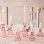 LAMORGIFT Pink Candle Holder Set of 6-4pcs 3.5"& 2pcs 6" Assorted Glass Pink Candlesticks Holder for Wedding Decor, Ribbed Taper Candle Holders Bulk for Bridal Shower, Home Table Centerpieces