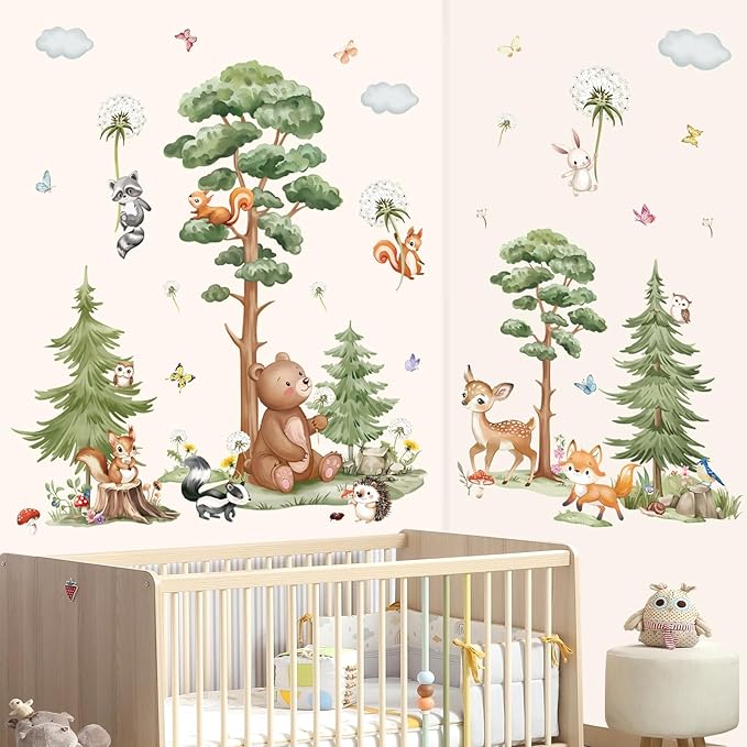 wondever Large Woodland Animal Tree Wall Stickers Forest Animals Bear Deer Dandelion Peel and Stick Wall Art Decals for Baby Nursery Kids Bedroom