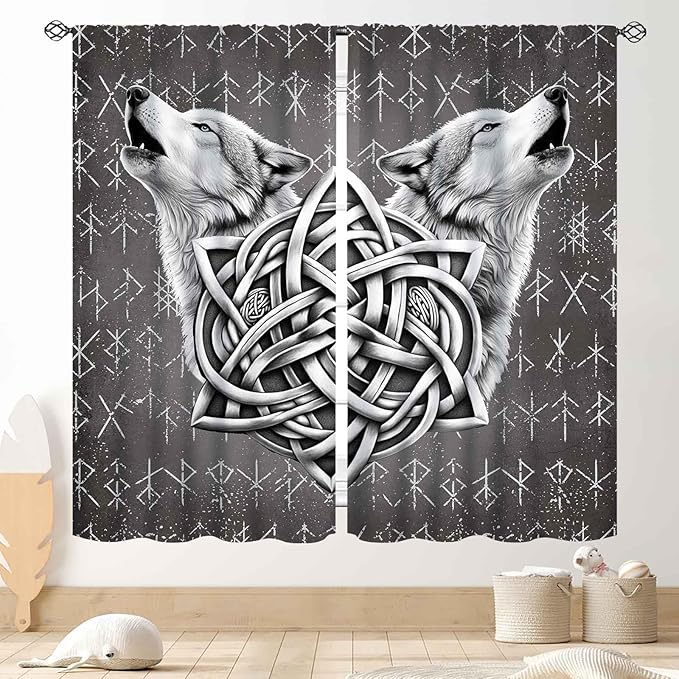 Viking Curtains, Gothic Nordic Wolf Celtic Rune Scandinavian Viking Runes Norse Mythology Aesthetic Retro Drapery for Bedroom Living Room Bathroom Window 2 Panel Set, 42"x54" Inch