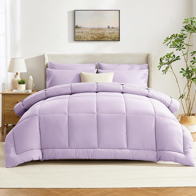 CozyLux King Size Comforter Set Lavender, 7 Pieces Bed in a Bag, Light Purple Comforter King Size, All Season Bedding Sets with Stitch Quilted Comforter, Flat Sheet, Fitted Sheet, Pillowcases