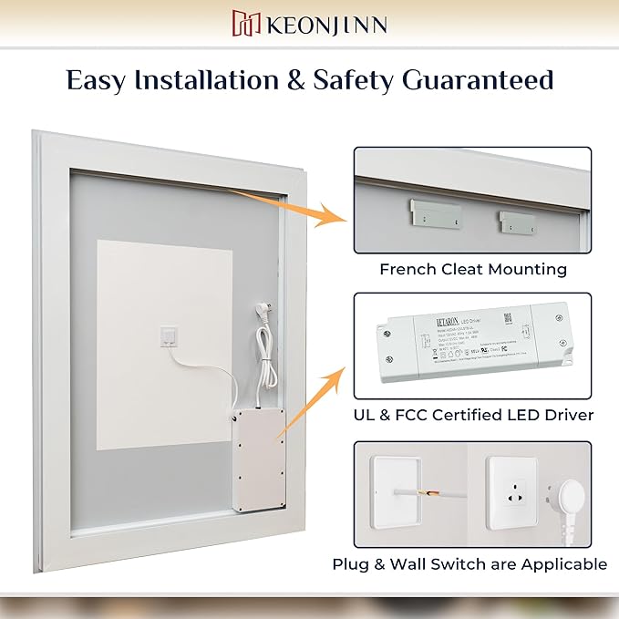 Keonjinn LED Bathroom Mirror 40x30 Inch with Frontlit and Backlit, Stepless 3 Colors Temperature & Dimmable Wall Mirror, UL Listed LED Driver, Anti-Fog, Double Lights, Frameless Bathroom Vanity Mirror