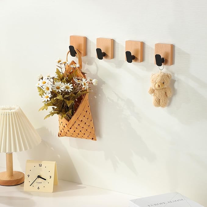 DELITON Towel Hooks Wall Mounted - Adhesive Bathroom Coat Hooks for Hanging Robes Clothes Light Brown, Black Solid Wood Beech Wall Hook 4 Packs