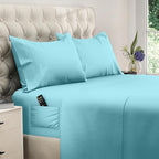 DREAMCARE Full Size Sheets Set - 4 Pcs Cooling Bed Sheets with Up to 15" Deep Pockets - Soft, Long-Lasting 100% Brushed Polyester with Side Pocket (Spa Blue)