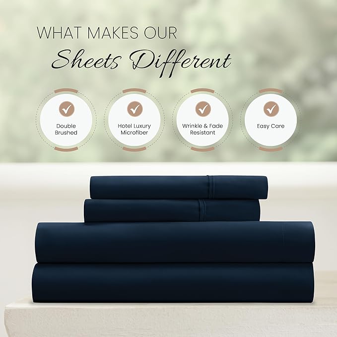 Linen Market Brushed Microfiber King Sheet Set 4 Piece – Oeko-TEX Certified Ultra Soft & Wrinkle-Free - 16" Deep Pocket Sheets - Easy Care King Size - Navy