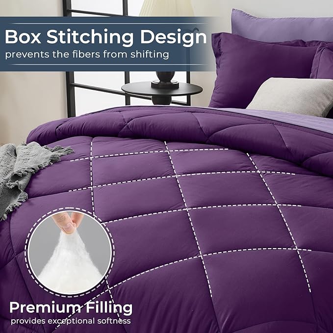 HEVUMYI Purple & Light Purple Twin Comforter Set - 5-Piece All Season Bed in a Bag Twin, Ultra Soft Bedding Set with Comforter, Flat Sheet, Fitted Sheet, Pillowcases, Pillow Shams