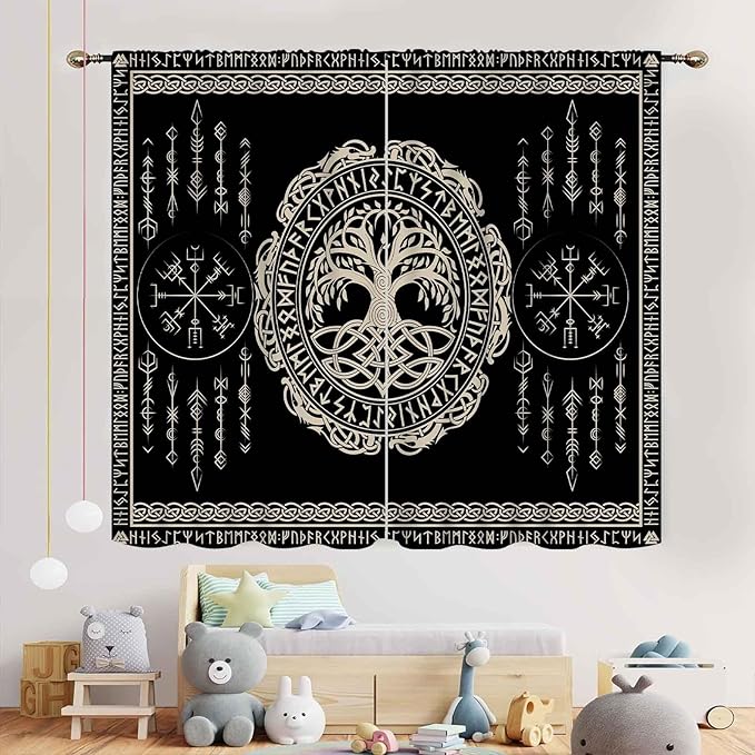 Viking Curtains, Nordic Tree of Life Celtic Rune Scandinavian Gothic Norse Mythology Aesthetic Retro Drapery for Bedroom Living Room Bathroom Window 2 Panel Set, 63"x72" Inch