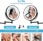 Fab Glass and Mirror Rechargeable 8" Lighted Vanity Makeup Mirror, Dual-Sided 1X/10X Magnification with 3 Color LED Touch Control, Dimmable & Rotating Wall Mounted Design (Black)