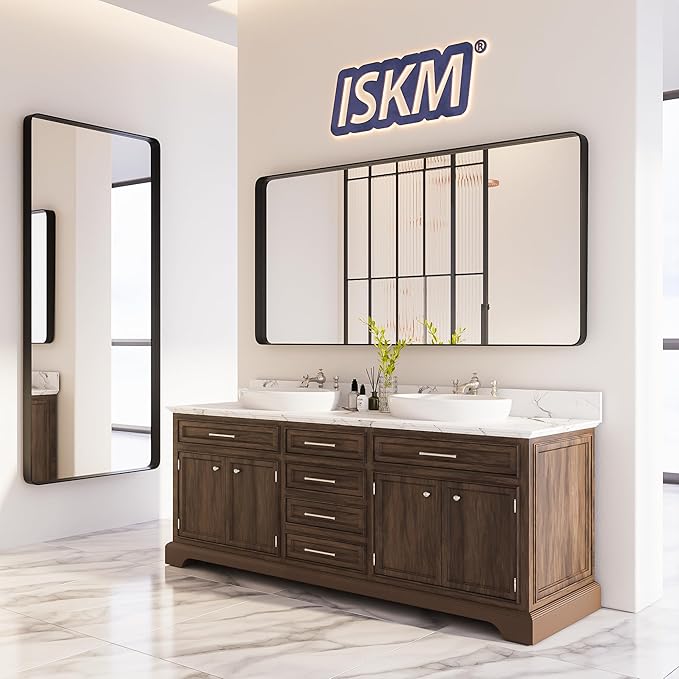 ISKM 32"x 36" Black Bathroom Mirror for Wall, Bathroom Vanity Mirror Anti-Rust, Tempered Glass, Rounded Rectangle Mirror(Horizontal/Vertical)
