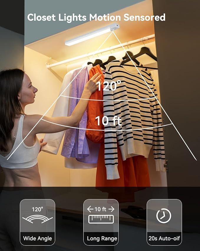 Under Cabinet Lighting 4 Inches Rechargeable Motion Sensor Light Indoor, 3 Color Dimmable Closet Light Battery Operated, USB Stick on LED Magnetic Under Counter Lights for Kitchen Stair,12 Packs