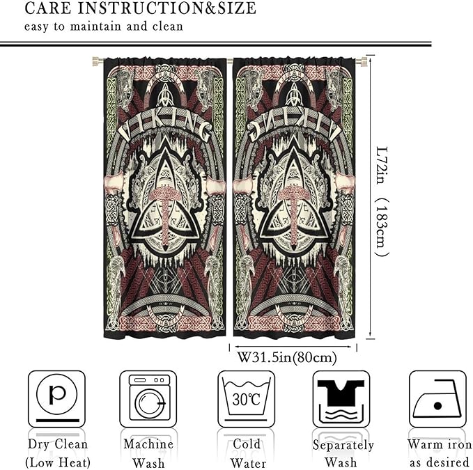 Viking Curtains Nordic Mythology Rune Weapon Antique Viking Pirate Crow Art Pattern Printed Curtains Bedroom Living Room Decoration Blackout Curtains W63 * L72 Inch
