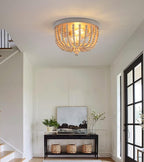 Q&S Boho Chandelier Wood Beaded Flush Mount Ceiling Light Fixtures for Nursery Baby Bedroom Kitchen Hallway,Oak White Finish,2-Lights