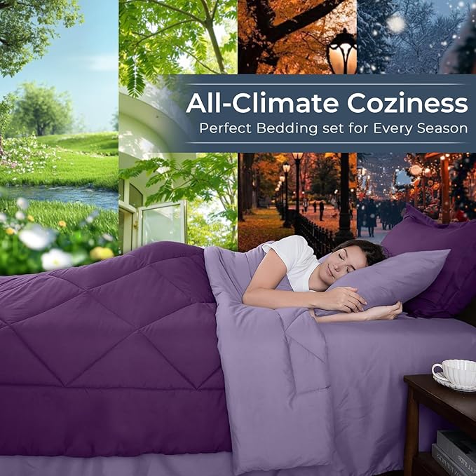 HEVUMYI Purple & Light Purple Twin Comforter Set - 5-Piece All Season Bed in a Bag Twin, Ultra Soft Bedding Set with Comforter, Flat Sheet, Fitted Sheet, Pillowcases, Pillow Shams