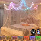 Comtelek Bed Canopy with LED Star Lights, Canopy Bed Curtain with RGB Color Changing String Lights with Smart App Control Remote for Princess Girls Bedroom, Suggested for Twin Full Queen King Bed