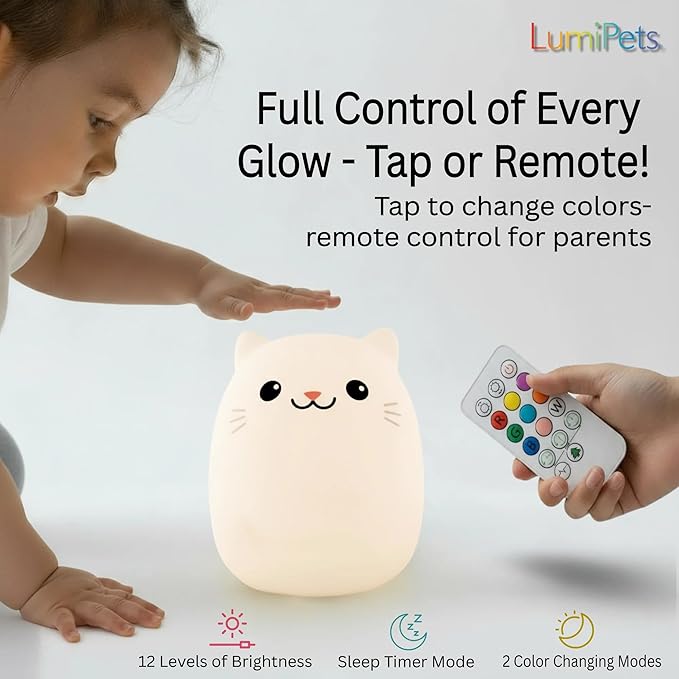 Lumipets Clive The Cat Squishy Silicone Night Light for Kids | Cute Night Light with Remote & Touch Control for Baby & Toddler Bedrooms | Color Changing Portable Animal Nightlight | Kids Mood Lamp
