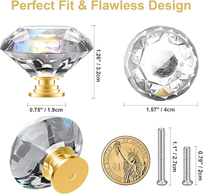 POZEAN Crystal Cabinet Knobs 30Pack, 1.57inch Dresser Knobs for Cabinet, Drawer with Two Different Sizes Screws, Diamond Glass Pulls Handles (40mm, 30Pack, Clear-Gold)