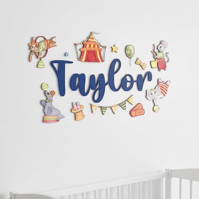 Custom Nursery Name Sign with Themed Decor Kit | Personalized Wooden Wall Art for Baby, Kids Room | Space, Jungle, Circus, Under the Sea, Woodland, Rainbow (20", Circus)