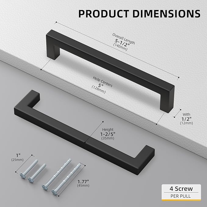 goldenwarm 15 Pack 5 Inch Black Cabinet Handles Matte Black Drawer Pulls Stainless Steel Cabinets Hardware Square Bar Modern for Kitchen Bathroom Cupboard