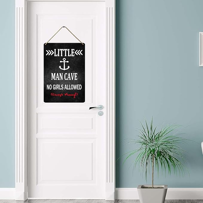 Wood Sign Little Man Cave No Girls Allowed, 8x12 Inch, Boys Only Sign For Room Boys