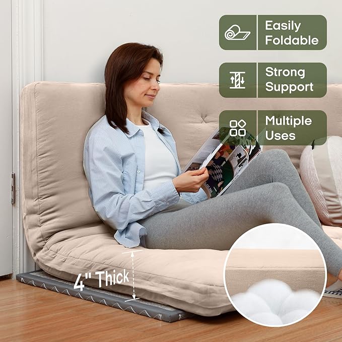 ZonLi Japanese Floor Futon Mattress Twin Size 75"x 39", 100% Cotton Cover 4'' Thicken Tatami Mattress, Foldable Sleeping Pad, Portable Dormitory Tatami Mat, Roll Up Floor Lounger Bed for Adult (Khaki)