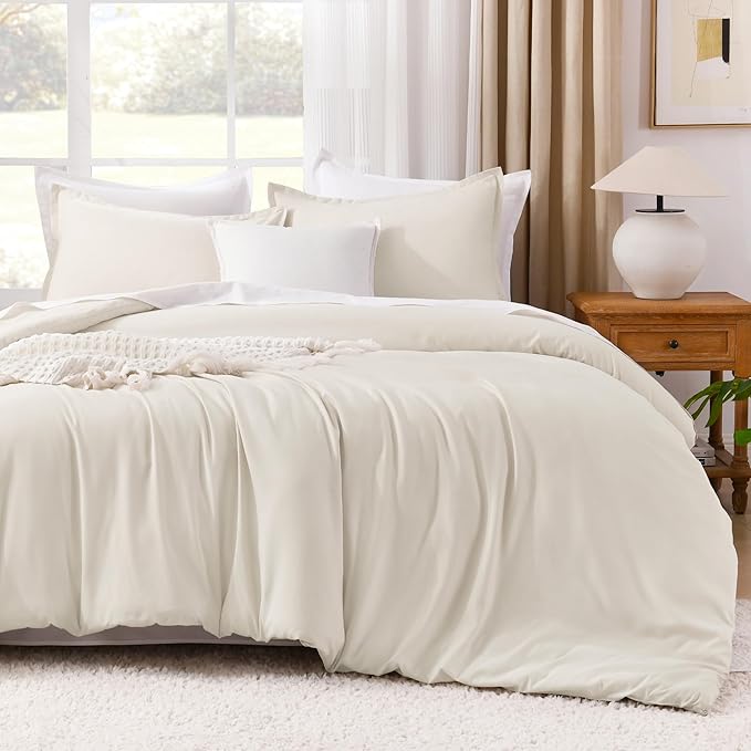 Litanika Queen Comforter Set Beige, 3 Pieces Lightweight Fluffy Solid Bedding Comforter Set, Down Alternative Comforter All Season Bed Set Gift Choice