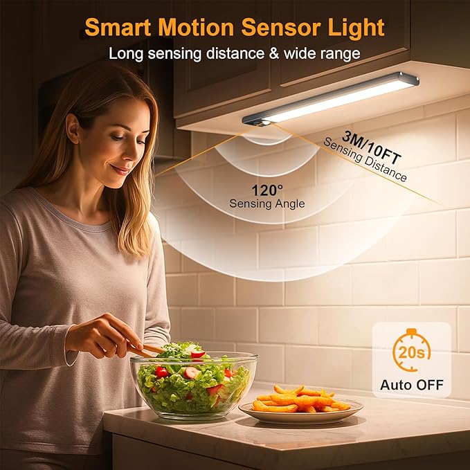Gritin 10.2inch Under Cabinet Lighting Rechargeable -84 LED Super Bright,3-Color& 5 Level Brightness,4 Modes,Motion Sensor, Long Lasting- Easy Installation Magnetic Closet Lights -2 Pack-Black