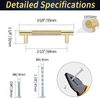 Knurled Cabinet Pulls 2 Pack, 3.5 Inch Long Cabinet Handles Metal Door Pulls, Kitchen Drawer Pull Knurled Dresser Handles - 2 1/2" Hole to Hole, Golden