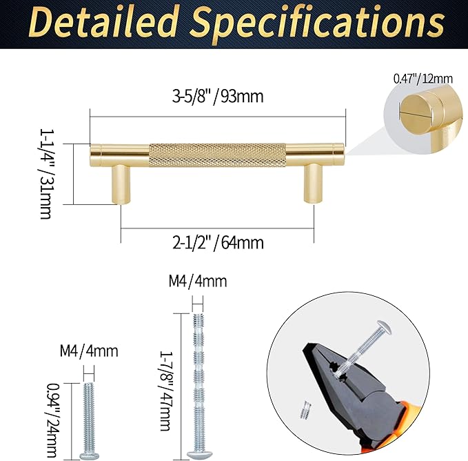 Knurled Cabinet Pulls 12 Pack, 3.5 Inch Long Cabinet Handles Metal Door Pulls, Kitchen Drawer Pull Knurled Dresser Handles - 2 1/2" Hole to Hole, Golden