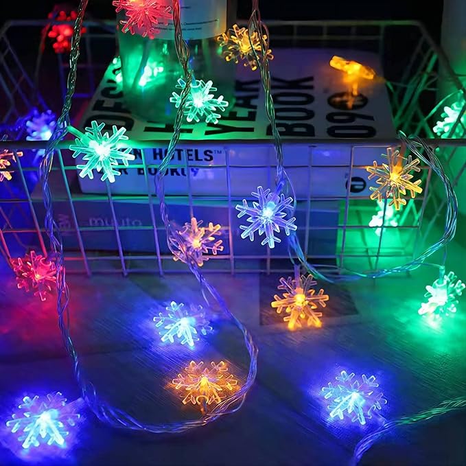 Christmas Lights Multicolor, 20 FT 40 LED Multi Colored Snowflake String Lights, Battery Operated 8 Modes Colorful Holiday Hanging Lights, Bedroom Room Xmas Tree Decor Indoor Outdoor Decorations