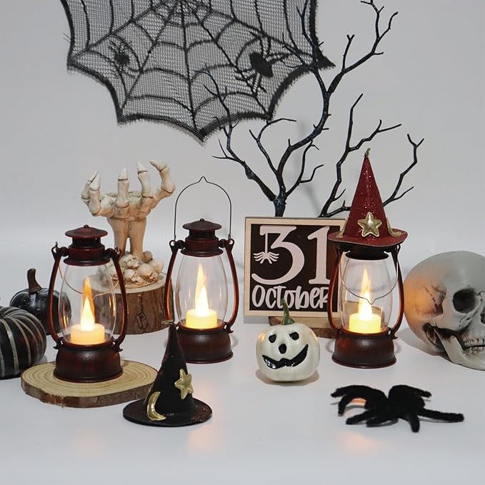 12Pcs Hand-Brushed Red Mini Lanterns for Vintage Christmas Table Decorations – 6Inch Small Candle Lanterns for Western Cowboy Camping Halloween Weddings Party Centerpiece & Hanging Ornaments