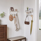 YMYNY 31.5" Coat Rack Wall Mount with Shelf, 4 in 1 Key and Coat Hanger with 12 Metal Hooks, Wall Shelf with Hooks & Mail Holder for Living Room, Bedroom, White, HWS007W-2