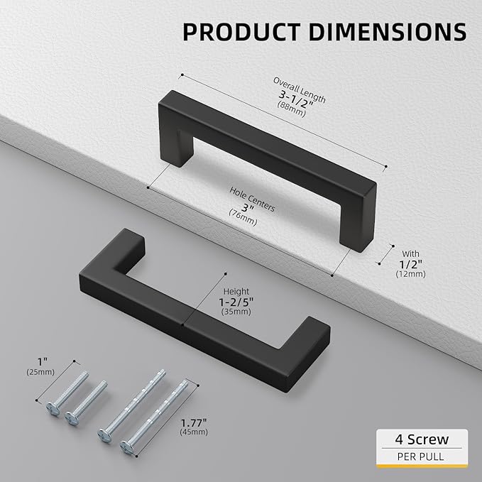 goldenwarm 22 Pack 3 Inch Black Cabinet Handles Matte Black Drawer Pulls Stainless Steel Cabinets Hardware Square Bar Modern for Kitchen Bathroom Cupboard