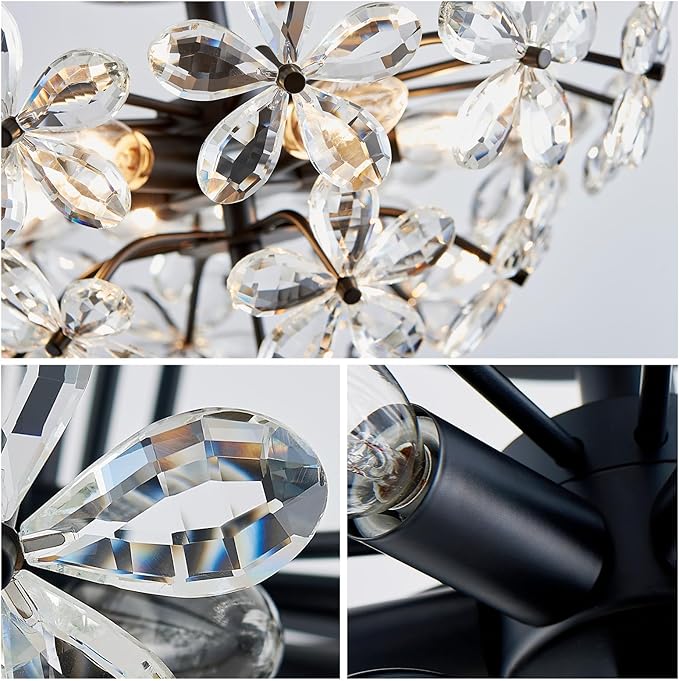 WUZUPS Crystal Chandelier Flushmount Ceiling Light Modern Lighting Fixture for Bedroom Hallway Bar Kitchen Bathroom, H 8.9" x W 17.7", Black, E12 Base
