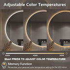 Niccy Round Led Mirror for Bathroom, 30" Circle Frameless Backlit Mirror wiht Light, Anti-Fog, 3 Colors, Waterproof, Memory Function