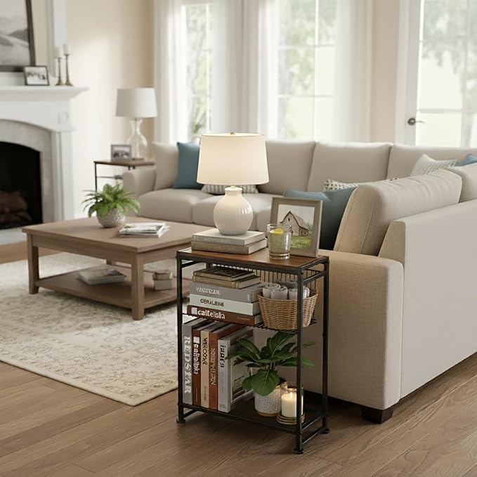 Small Side Table for Small Spaces - Slim End Table with Magazine Holder - 2 in 1 Design Narrow End Table Living Room - Skinny Bedside Table Nightstand Bedroom Thin Side Table, Rustic Brown