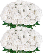 White Roses Artificial Flowers 50 Pack in Bulk, Fake Roses Flowers Realistic Roses for Wedding Home Party Decoration Event Gift (White)
