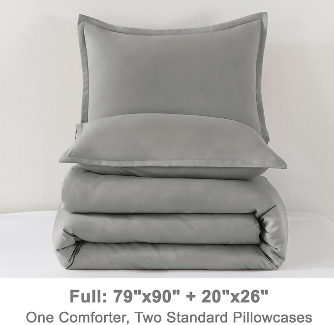 Litanika Comforters Medium Gray Full Size, 3 Pieces Lightweight Solid Bedding Set & Collections, All Season Fluffy Bed Set (79x90In Comforter & 2 Pillowcases)