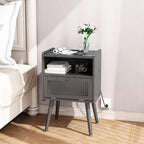 Mid Century Modern Nightstand with Charging Station, Bedside Tables with Glass Door, End Table Side Table with 2 Tiers Storage Space, for Bedroom, Living Room, Dark Grey