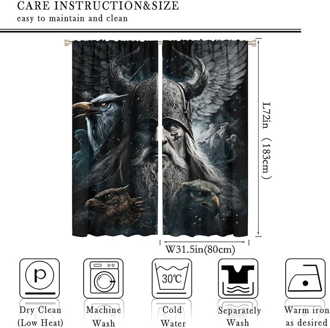 Fantasy Norse Viking Curtains,Cool Gothic Vintage Vikings Mystical Symbol Eagle Window Treatments Thermal Insulated Rod Pocket Blackout Drapes for Bedroom 2 Panels 72L x 31.5W