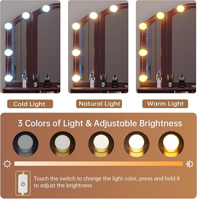Tiptiper Vanity Desk, Makeup Vanity with Lighted Tri-Folding Mirror & Stool, Vanity Table Set with 10 LED Light Bulbs & 3 Color Lighting Modes, Makeup Table with 5 Storage Drawers, Brown