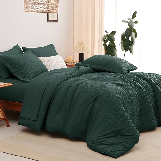 CozyLux Full Size Comforter Sets with Sheets Seersucker 7 Pieces Forest Green Bed in a Bag Textured Luxury Soft Bedding Set with Down Alternative Comforter, Sheets, Pillowcases & Shams for All Seasons