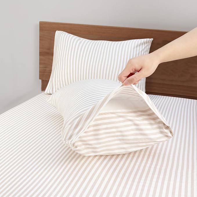 Mejoroom Striped King Size Sheet Set - Soft Microfiber Bed Sheets,Deep Pocket Fitted Sheet, Soft, Breathable, Wrinkle & Fade Resistant - 4 Piece (Beige Stripe)