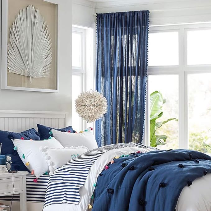Treatmentex Sheer Blue Curtains for Bedroom Window 95 inches Long Linen Textured Pom-Pom Voile Drapers for Kids Bed Canopy Navy Rod Pocket 2Pack