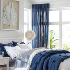 Treatmentex Sheer Blue Curtains for Bedroom Window 95 inches Long Linen Textured Pom-Pom Voile Drapers for Kids Bed Canopy Navy Rod Pocket 2Pack