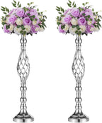 Set of 2 Versatile Silver Flower Arrangement Stand & Pillar Candle Holder Set for Wedding Party Dinner Centerpiece Event Restaurant Hotel Decoration (Silver Twist Style, 2 x L)
