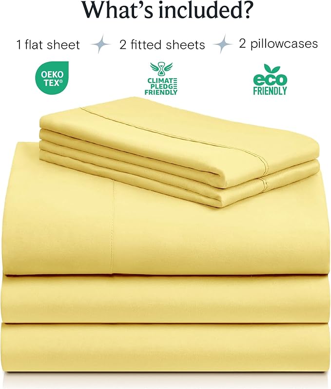 LuxClub 5 PC Sheet Set Bed Sheets Deep Pockets 16" Eco Friendly Wrinkle Free Cooling Machine Washable Hotel Bedding Silky Soft - Lemon Split King