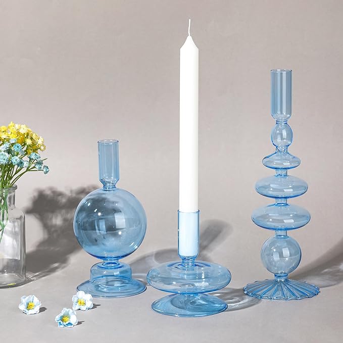 Rtteri 3 Pcs Glass Candlestick Holders Glass Candle Holders Groovy Wavy Elegant Taper Candle Stick for Wedding Home Birthday Party Christmas Halloween Decoration Windowsill Decor(Light Blue)