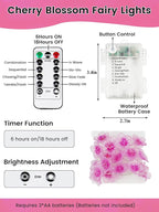 Cherry Blossom Flower String Lights for Bedroom, Pink Fairy Lights Battery Operated with Remote & 8 Modes & Timer, 10ft 30 LED Waterproof String Light Indoor Outdoor for Wedding Home Christmas Decor