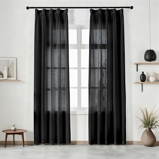 Black Curtains Semi Sheer 84 Inches Long, Linen Textured Light Filtering Drapes for Living Room Bedroom, Dark Moody Modern Farmhouse Window Decor, Pinch Pleat Curtain with Hooks