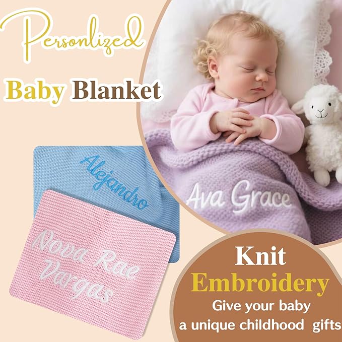 Personalized Embroidered Baby Blanket for Boys/Girls, Cotton Chunky Knit Customized Swaddle with Name, 40 * 30 inches, Handmade Receiving Nursery Blankets, Newborn, Birthday